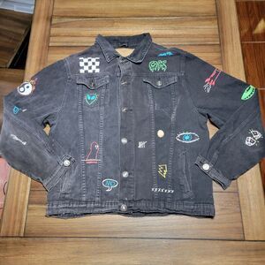 Rue21 Full Button Black Demin Jean Jacket "Savage" Graffiti - Size Junior XXL